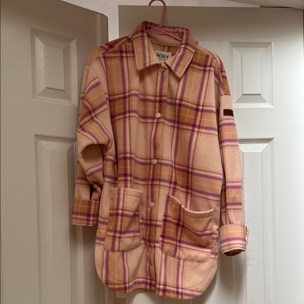 Roxy Pink and Cream Teddy Jacket with Cozy Fabric and Relaxed Fit
